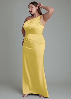 Azazie Akilah Bridesmaid Dresses Canary Mermaid One Shoulder Stretch Satin Dress image12
