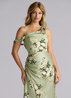 Azazie Madelyn Vestidos de damas de honor Vestido de Enredaderas Florales de Satén Elástico de Corte Sirena Convertible con Hombro unilateral image2