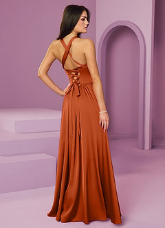 Barbie ♥ Azazie Robes de demoiselle d'honneur Robe Trapèze en Satin extensible avec poches Orange Brûlée image2