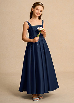 Azazie Mochi Girl Jurken voor bloemenmeisjes Baljurk Jurk van Mat Satijn Geplooid Donkere Marine image4