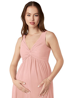 Azazie Yetta Maternity Bridesmaid Dresses A-Line V-Neck Gathered Chiffon Floor-Length Dress image6