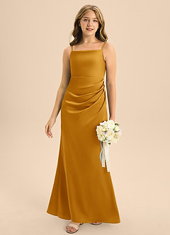 Azazie Renna Junior Butterscotch A-Line Pleated Stretch Satin Dress image5