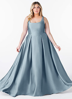 Azazie Neve Vestidos de damas de honor Vestido de Azul Polvoriento de Satén Elástico de Corte Princesa con Con bolsillos image10