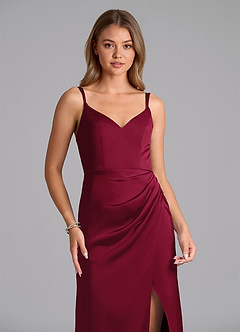 Azazie Leo Final Sale Burgundy Sheath Pleated Stretch Satin Dress image3