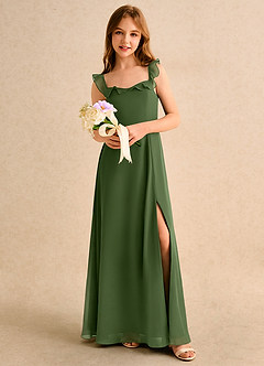 Azazie Chip Girls Formal Robe Demoiselle D'honneur Fillette Robe Trapèze en Mousseline de soie Sans manches Olive image5