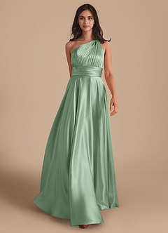 Azazie Charlize Bridesmaid Dresses Matcha A-Line One Shoulder Metallic Satin Dress image1