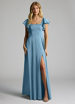Azazie Bondi Vestidos de damas de honor Vestido de Azul Acero de Satén Elástico de Corte en A con Lazo image5