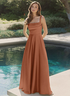 Azazie Shaude Vestidos de damas de honor Vestido de Bronceador de Satén Elástico de Corte en A con Plisado image4