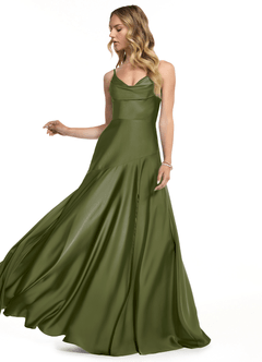 Azazie Kayla Bridesmaid Dresses Olive Sheath Side Slit Stretch Satin Dress image3