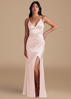 Azazie Shania Bridesmaid Dresses Rose Gold Sheath Pleated Metallic Satin Dress image5