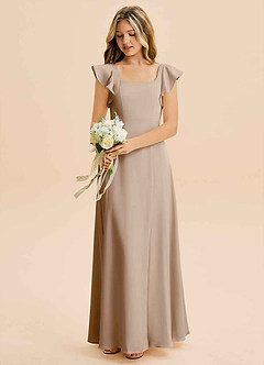 Azazie Bondi Junior Abito A-Line in Raso Elasticizzato Spacco Laterale Taupe image5