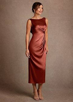 Azazie Mazhe 신부의 어머니 드레스 A라인 주름진 스트레치 새틴 티 길이 드레스 image4