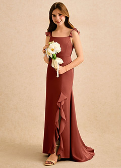 Azazie Novalie Girls Formal Flower Girl Dresses Terracotta Mermaid Bow Stretch Satin Dress image2