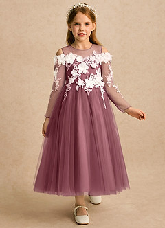 Azazie Lilah Robe Demoiselle D'honneur Fillette Robe Trapèze en Tulle Dentelle Rose Du Désert image1