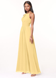 Azazie Bonnie Brautjungfernkleider Eine Linie Schlüsselloch Gerüscht Chiffon Kleid Butter image3