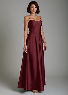Azazie Nona Vestidos de damas de honor Vestido Cabernet de Satén Elástico de Línea A con Plisado image5