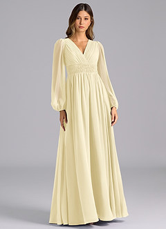 Azazie Palerma Robes de demoiselle d'honneur Robe Trapèze en Mousseline de soie Manche longue Sorbet Citron image1