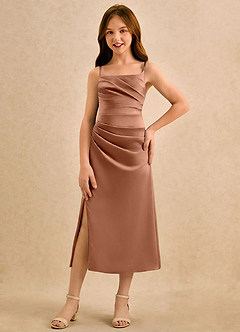 Azazie Canna Girls Formal Sukienki dla dziewczynek sypiących kwiaty Linia A Pofałdowany Satyna elastyczna Długość herbaty Sukienka image4
