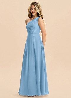 Azazie Phaedra Junior Steel Blue A-Line Pleated Chiffon Dress image4
