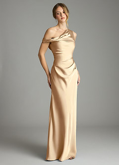 Azazie Emerson Bridesmaid Dresses Champagne Mermaid Off the Shoulder Stretch Satin Dress image5