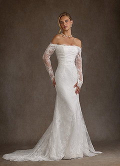 Azazie Kathleen Wedding Dresses Diamond White A-Line Off the Shoulder Lace Dress image3