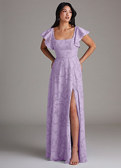 Azazie Bondi Bridesmaid Dresses Lilac A-Line Side Slit Floral Burnout Dress image4