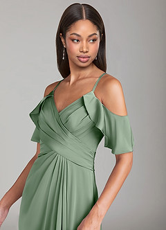 Azazie Dakota Bridesmaid Dresses Matcha A-Line Off the Shoulder Stretch Satin Dress image5