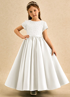 Azazie Cashew Flower Girl Dresses Ivory Ball-Gown with Sleeves Matte Satin Dress image2