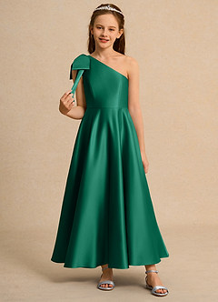 Azazie Guppy Junior Formal Jurken voor bloemenmeisjes A-Lijn Jurk van Mat Satijn One-Shoulder Smaragd image3