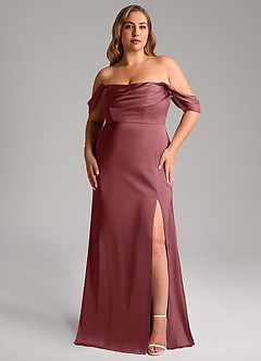 Azazie Saige Bridesmaid Dresses Desert Rose Sheath Off the Shoulder Stretch Satin Dress image11