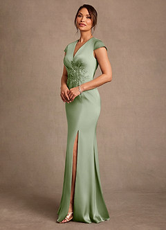 Azazie Rilda At-home Try On Dresses Dusty Sage Sheath Lace Stretch Satin Dress image2