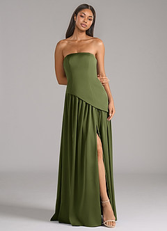 Azazie Adeline Bridesmaid Dresses Olive A-Line Strapless Stretch Satin Convertible Dress image3