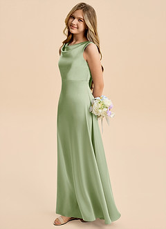 Azazie Kiki Junior Dusty Sage A-Line Bow Stretch Satin Dress image1