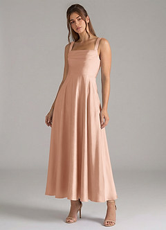 Azazie Shaude 신부 들러리 드레스 A라인 주름진 스트레치 새틴 발목 길이 드레스 image4