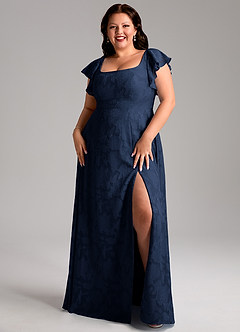 Azazie Bondi Vestidos de damas de honor Vestido de Azul Marino Oscuro de Devorado Floral de Corte en A con Corte Lateral image7