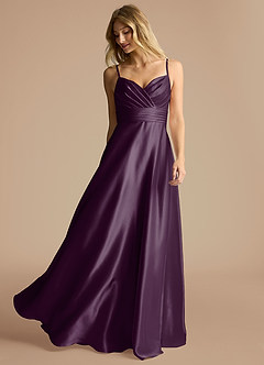 Azazie Oliana Bridesmaid Dresses Plum A-Line Sweetheart Neckline Metallic Satin Dress image2