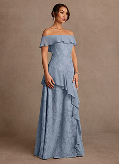 Azazie Marina Mother of the Bride Dresses Dusty Blue A-Line Off the Shoulder Floral Burnout Dress image3