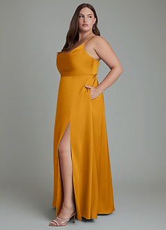 Azazie Sarella Bridesmaid Dresses Butterscotch A-Line Pleated Stretch Satin Dress image11