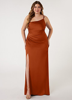 Azazie Eren Robes de demoiselle d'honneur Robe Sirène en Satin extensible Ue épaule Orange Brûlée image11