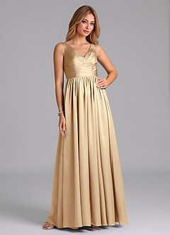 Azazie Keyla Robes de demoiselle d'honneur Robe Trapèze en Satin extensible Plissée Champagne image5