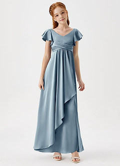 Azazie Omari Junior Dusty Blue A-Line Pleated Stretch Satin Dress image3