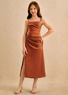 Azazie Canna Girls Formal Sukienki dla dziewczynek sypiących kwiaty Linia A Pofałdowany Satyna elastyczna Długość herbaty Sukienka image4