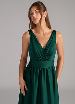 Azazie Kora Bridesmaid Dresses Emerald A-Line Pleated Stretch Satin Dress image7