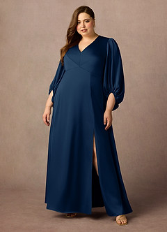 Azazie Luna Mother of the Bride Dresses Dark Navy A-Line Pleated Stretch Satin Dress image1