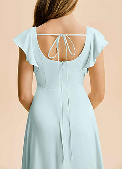 Azazie Bondi Junior Vestido Vidro Marinho de Cetim elástico de Linha A com Fenda Lateral image6