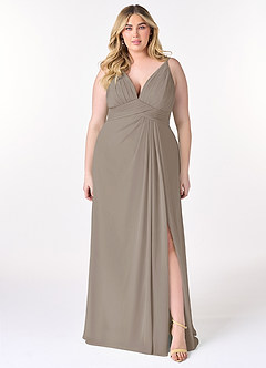 Azazie Maren Allure Robes de demoiselle d'honneur Robe Trapèze en Mousseline de soie Col V dentelle Taupe image6