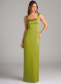 Azazie Flori Bridesmaid Dresses Lemongrass Sheath Side Slit Stretch Satin Dress image1