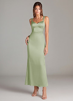 Azazie Denice Bridesmaid Dresses Dusty Sage Sheath Pleated Stretch Satin Dress image3