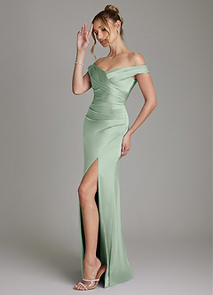 Azazie Teyana Jurken voor bruidsmeisjes Jurk van Stretch Satijn met Kolom Off the Shoulder Agave image5