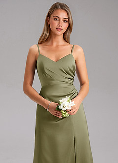 Azazie Azuree Bridesmaid Dresses Pistachio A-Line Pleated Stretch Satin Dress image14